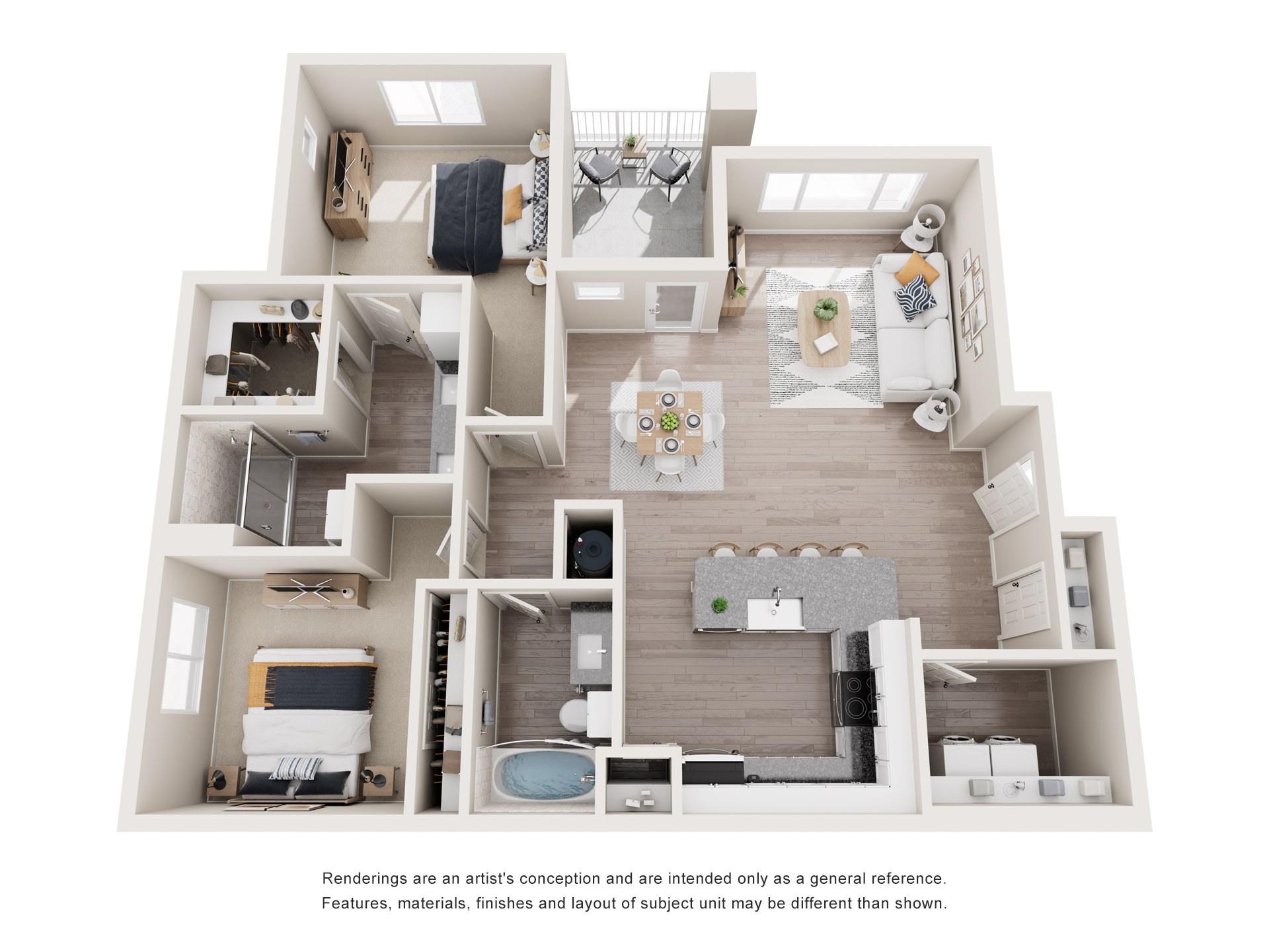 Floor plan for 2 beds, 2 baths, 1225 sqft